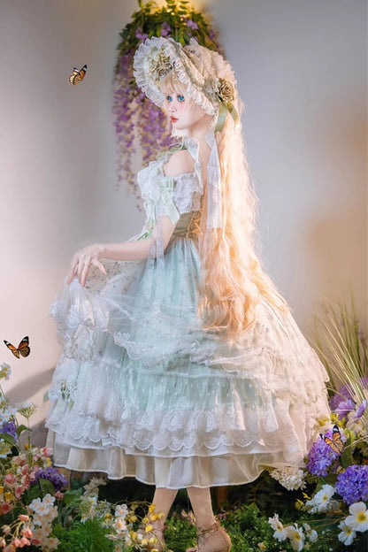 Emerald Glazed Phantom Off-Shoulder Ruffle Hanayome Bow Lace Dress