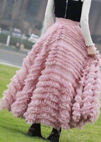 Italian Pink Ruffled High Waist Tulle Skirts Fall AU1002