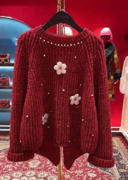 Pull en tricot de coton épais à col rond et motif floral rouge élégant pour l'hiver WD037 