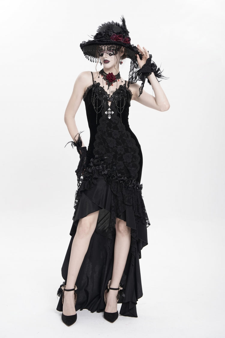 No-Sleeve Ruffled Floral Embroidered Chain Gothic Long Slip Dress