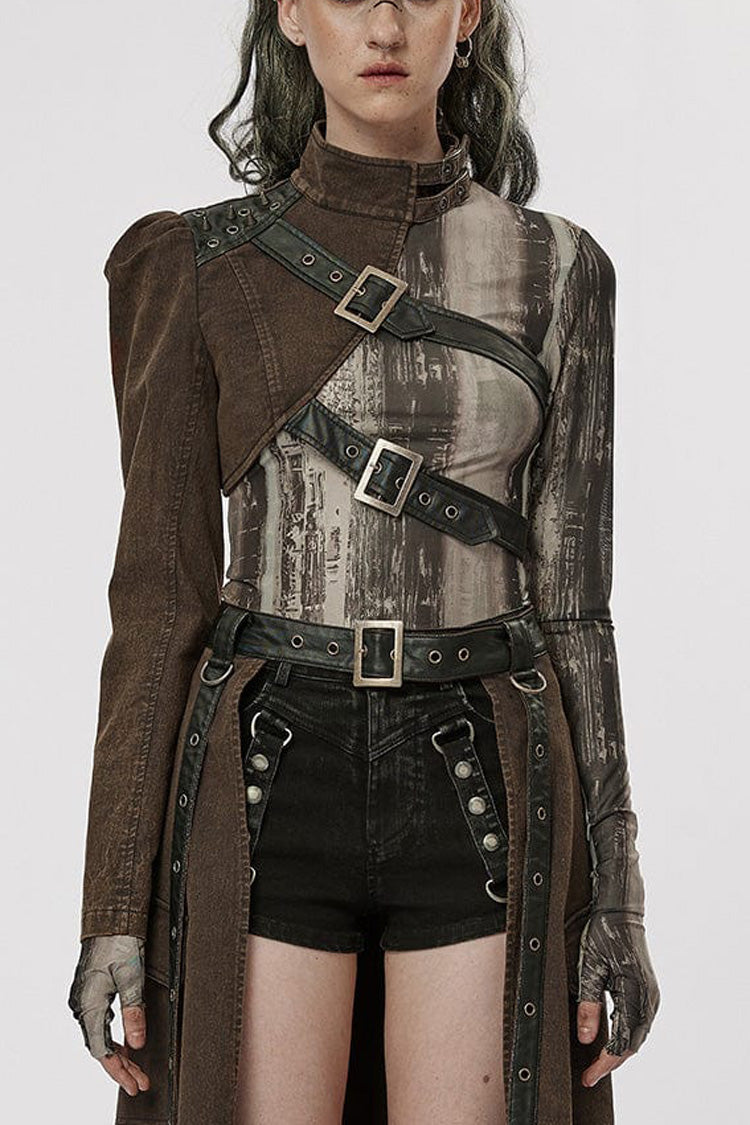 Steampunk Single-Arm Jacket with Rivet Buckle and Stand Collar in Two Tones - IndustrialChic