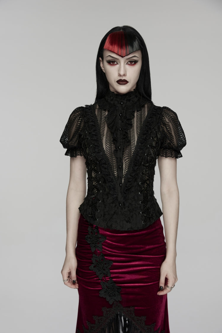 Ruffled Cut-Out Lace Gothic Blouse for Women