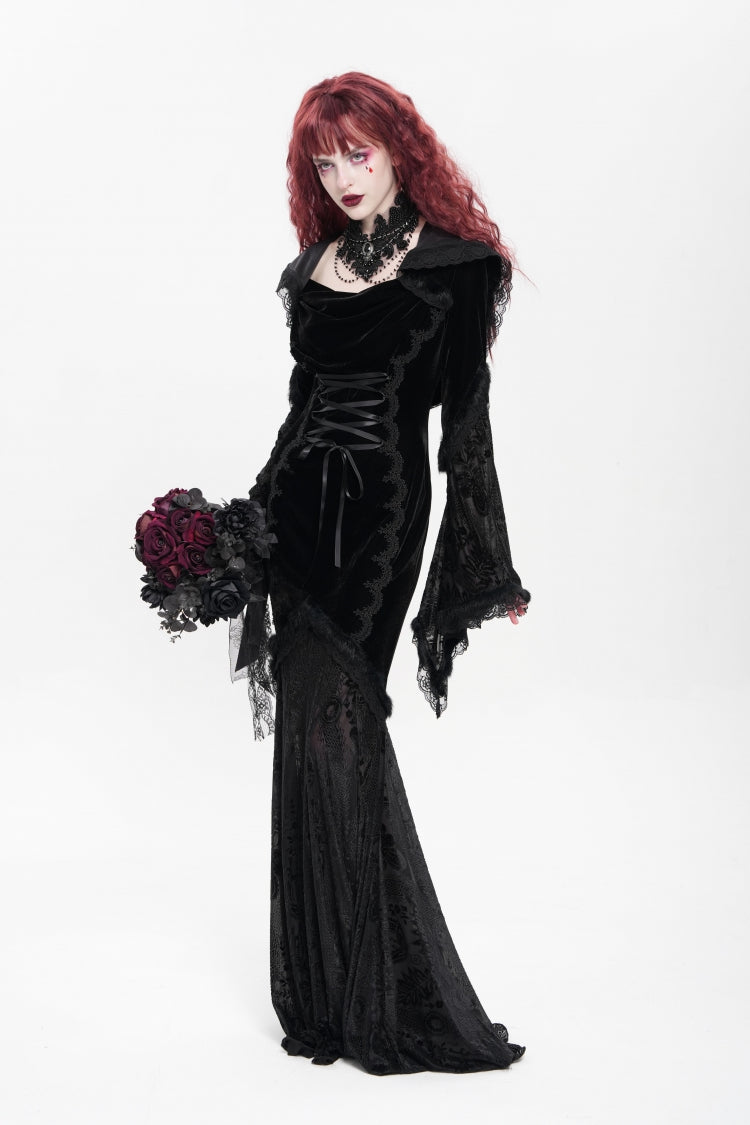 Ebony Flared-Sleeve Embroidered Lace Hooded Sheer Gothic Dress