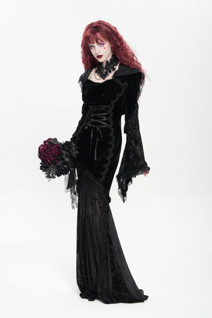 Ebony Flared-Sleeve Embroidered Lace Hooded Sheer Gothic Dress