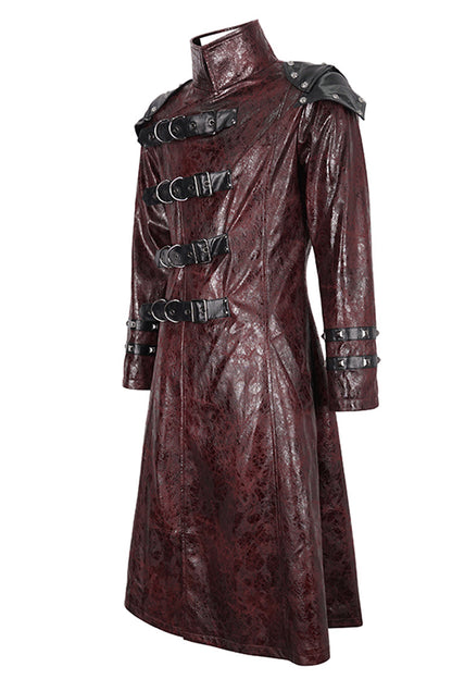 Crimson High-Neck Punk Leather-Look Long Coat with Multiple Buckles