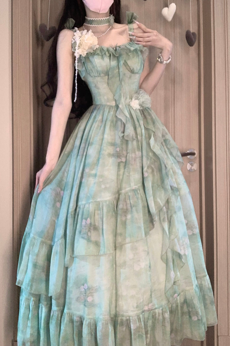 Emerald Print Ruffle Bow Sweet Lolita Long Jumper Dress