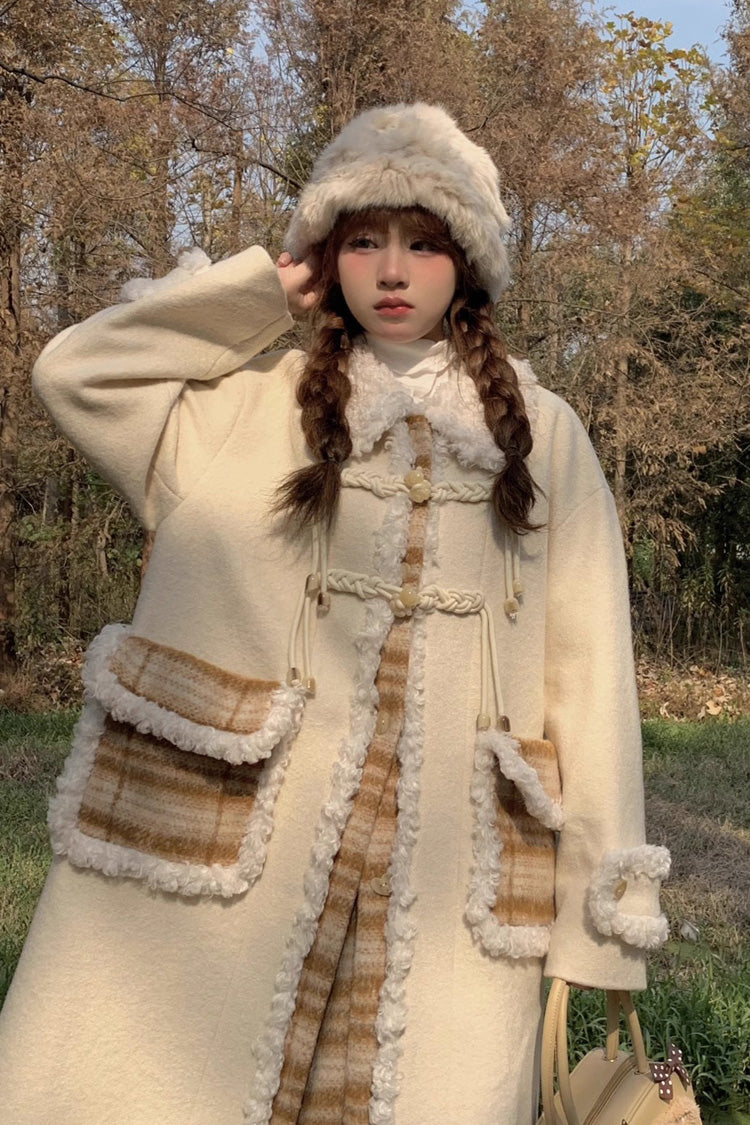 Sweet Lolita Coat with Doll Collar, Plaid Print Stitching & Long Sleeves, Cream