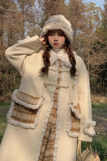 Sweet Lolita Coat with Doll Collar, Plaid Print Stitching & Long Sleeves, Cream