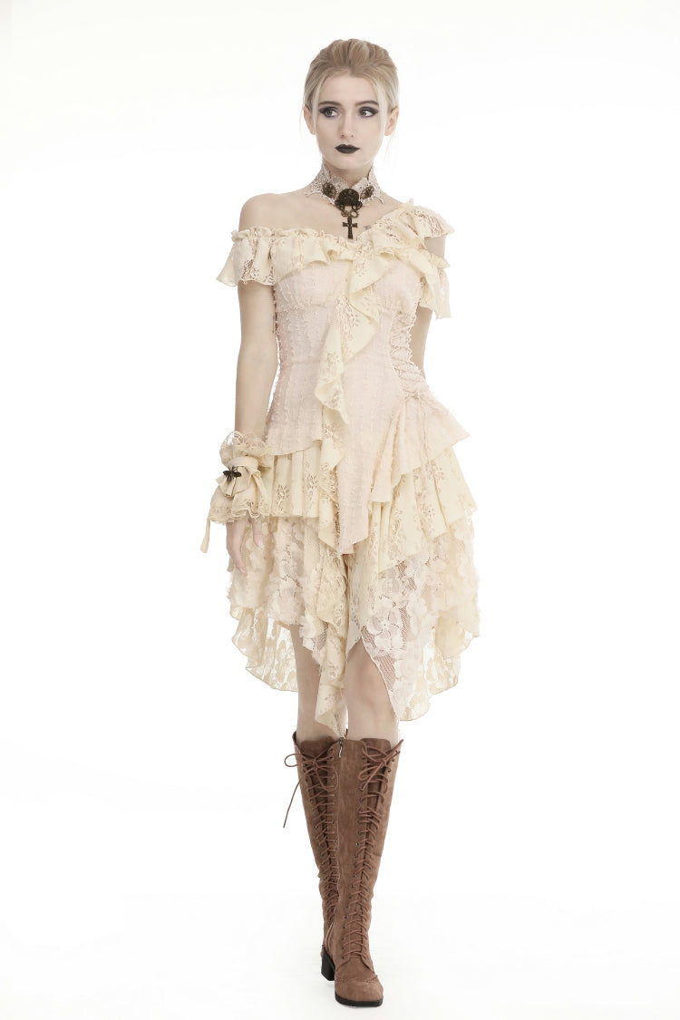 Steampunk Vintage Women's Dress with Irregular Ruffled Lace Layers, Cream