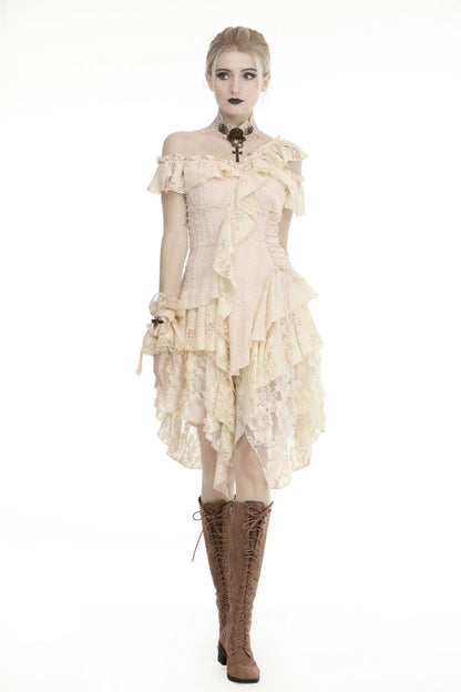 Steampunk Vintage Women's Dress with Irregular Ruffled Lace Layers, Cream