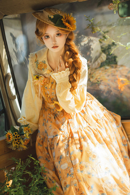 Emerald Sleeveless Sunflower Ruffle Bow Sweet Lolita Jumper Dress