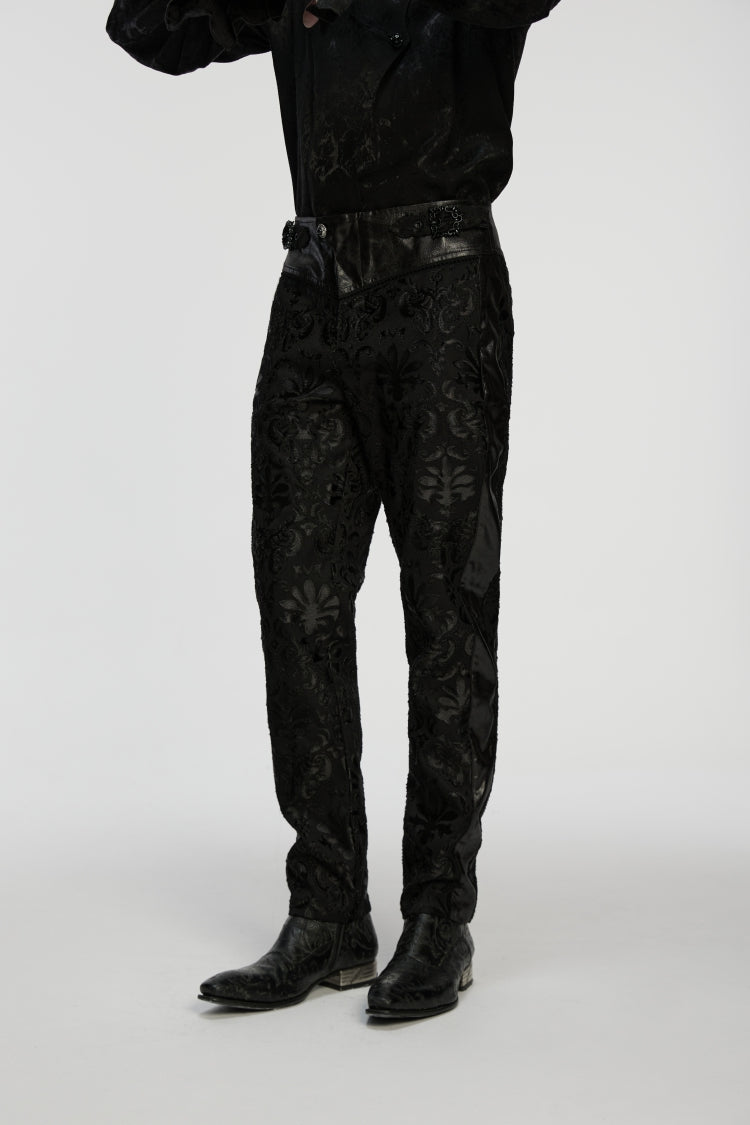 Men's Gothic Pants with Floral Embroidered Details in Black Jacquard