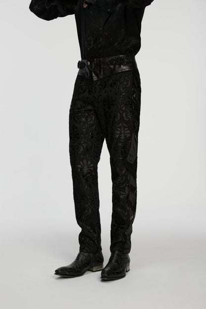 Men's Gothic Pants with Floral Embroidered Details in Black Jacquard