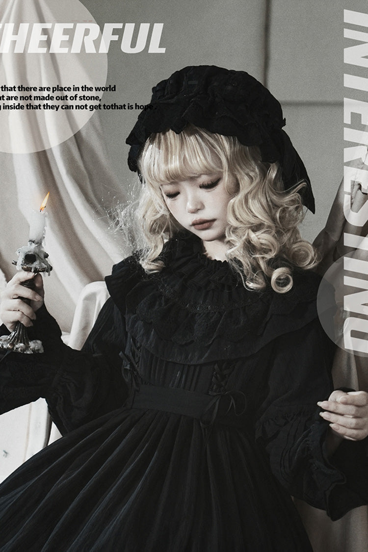 Ebony Long-Sleeve Double-Layered Bow Lace-Up Sacred Gown - Good Night