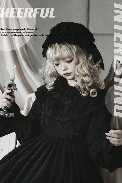 Ebony Long-Sleeve Double-Layered Bow Lace-Up Sacred Gown - Good Night