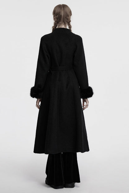 Ebony Long-Sleeve Studded Floral Embroidered Fur Gothic Coat
