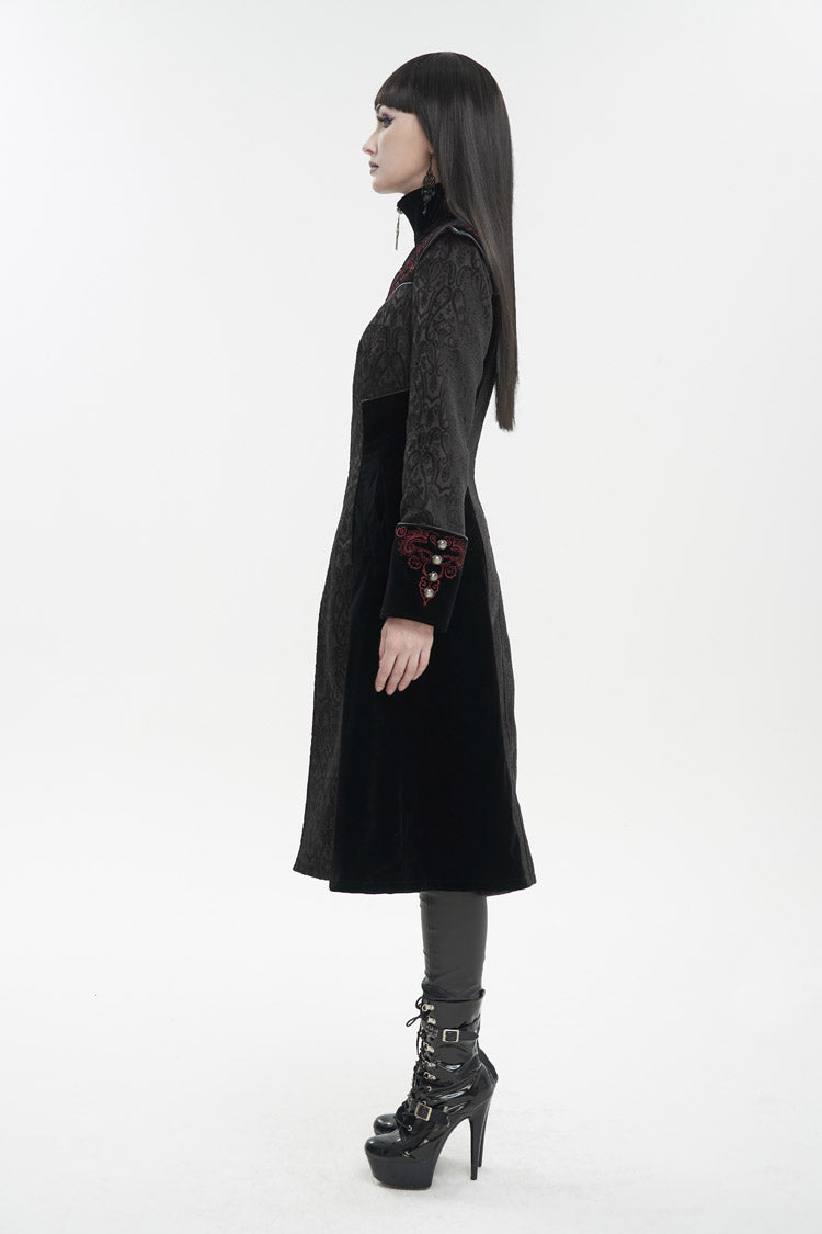Embroidered Metal Cross Mushroom Buckle Studded Gothic Women's Coat in Black Jacquard