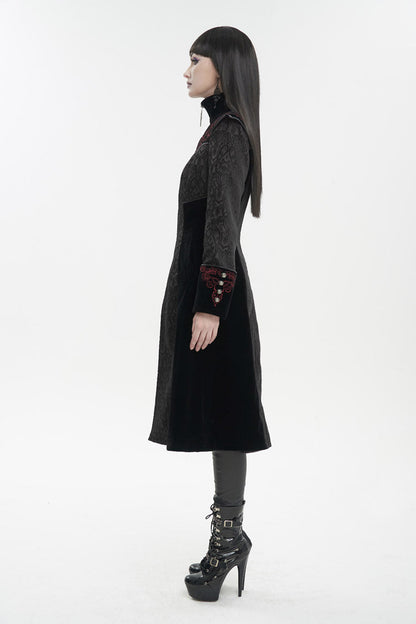 Embroidered Metal Cross Mushroom Buckle Studded Gothic Women's Coat in Black Jacquard