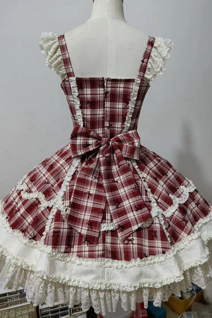 Crimson Square-Neck Sweet Lolita JSK Set with Plaid and Lace
