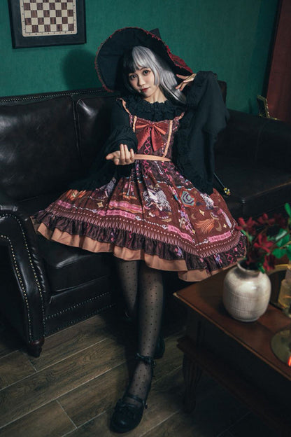 Little Witch Print Ruffle Bow Elegant Lolita Jumper Dress