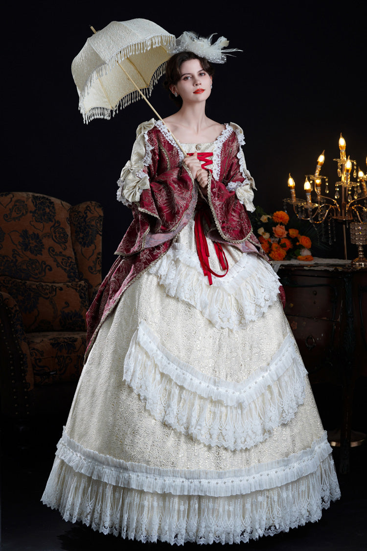 Victorian Palace Dress with Hime Sleeves and Lace-Up Front in Wine/Ivory - NostalgicElegance