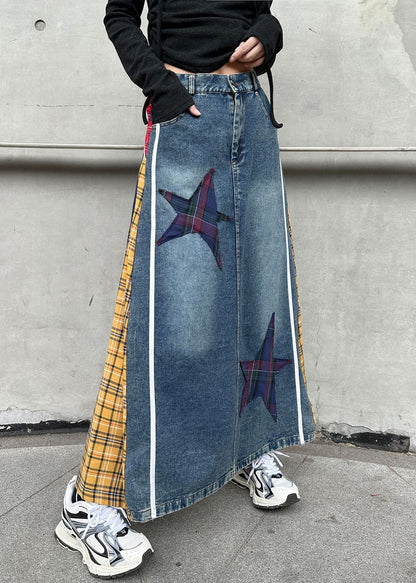 Yellow Patchwork High Spring Denim Waist Skirts Button Plaid