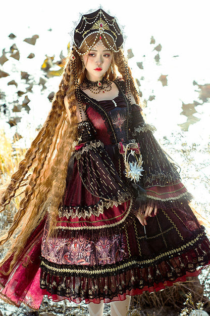 Classic Lolita JSK Dress with Heart Bowknot and Multi-Layer Ruffles in Wine - VintageBride
