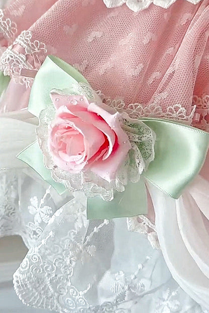 Blush Sleeveless Embroidered Bow Lace Pearl JSK with Ruffles - Honey Rose