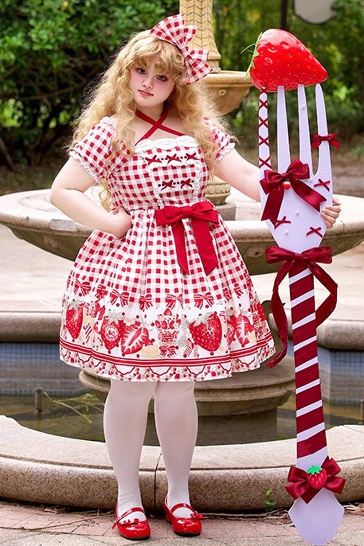 Crimson Sweet Plus Size Lolita Dress with Strawberry Plaid and Bow