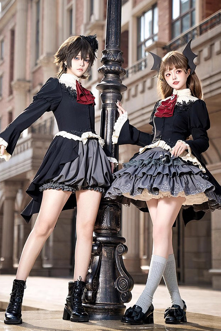 Gothic Princess Lolita Top and Skirt Set with Multi-Layered Ruffle in Black