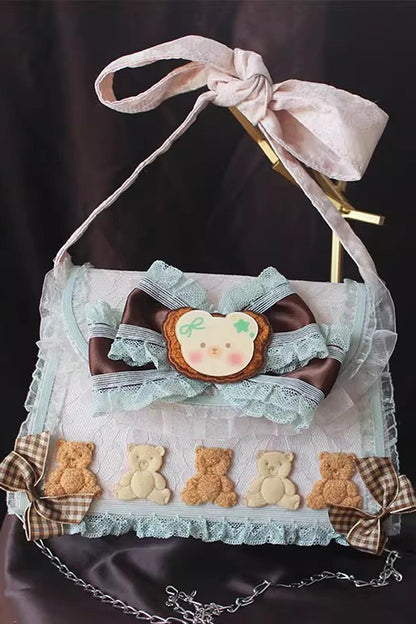 Mint Chocolate Bear Bow Pearl Lace Lolita Handbag