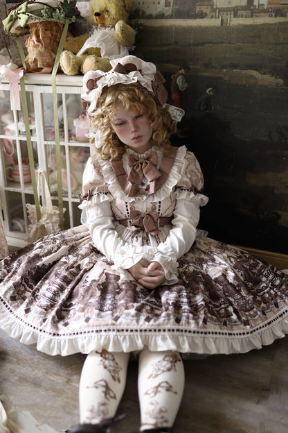 Teddy Bear Party Round Collar Printed Sweet Lolita Dress - Ruffled Bow