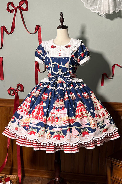 Doll Collar Short Sleeve Print Ruffle Bowknot Sweet Lolita Dress with Strawberry Dessert - 4 Colors