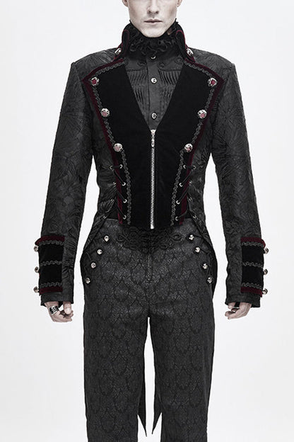 Men's Gothic Coat with Floral Pattern and Velveteen Swallowtail in Black Jacquard