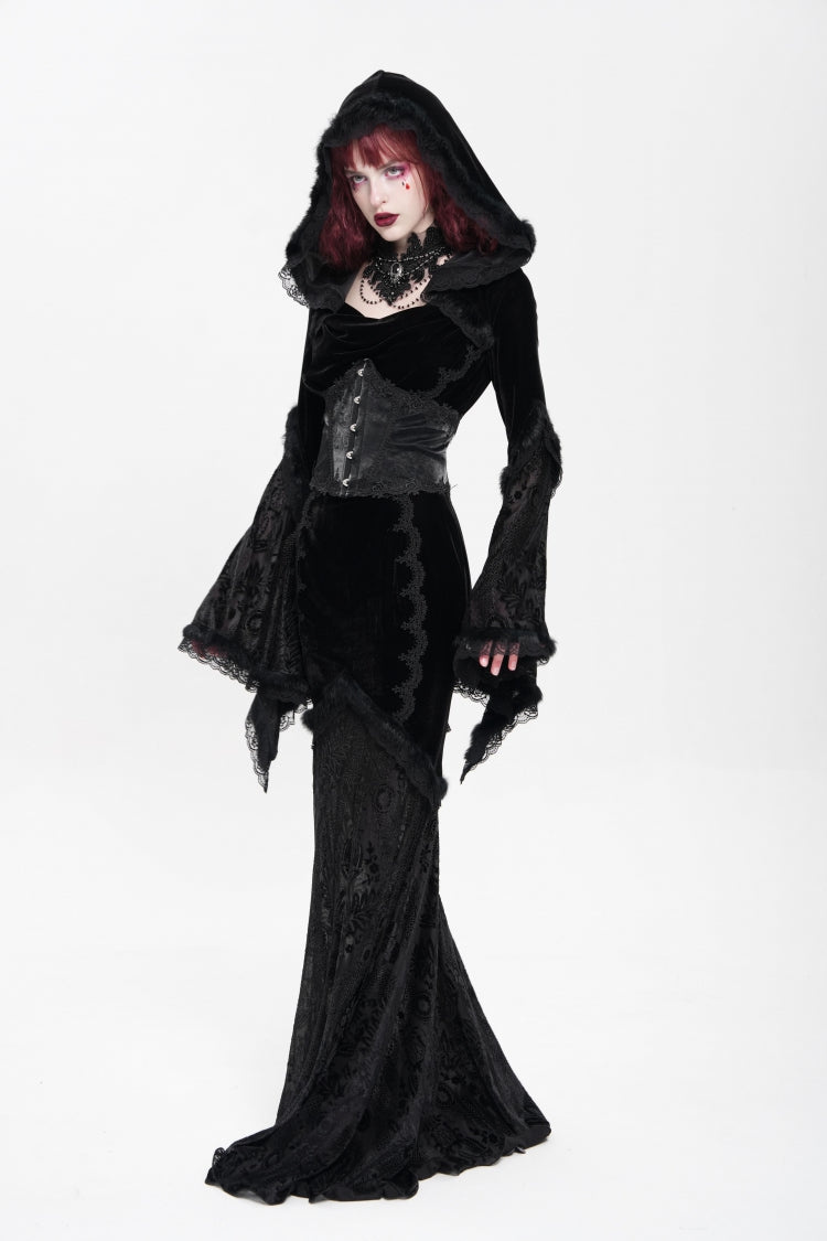 Ebony Flared-Sleeve Embroidered Lace Hooded Sheer Gothic Dress