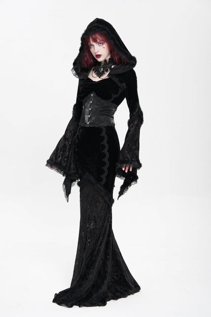 Ebony Flared-Sleeve Embroidered Lace Hooded Sheer Gothic Dress