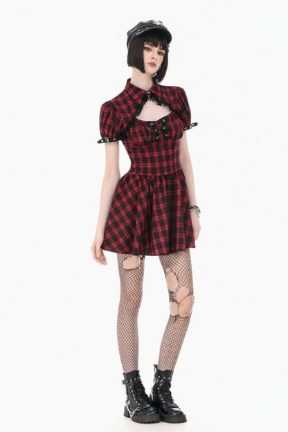 Crimson & Charcoal Tartan Notch Collar Cutout Short Sleeve Laced Punk Retro Mini Dress