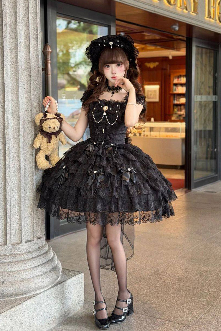 Pearl-Decorated Gothic JSK Dress with Square Collar and Bow in Black