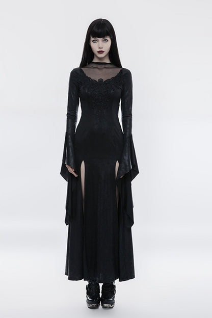 Ebony Flared-Sleeve Embroidered Elegant Cross Gothic Dress