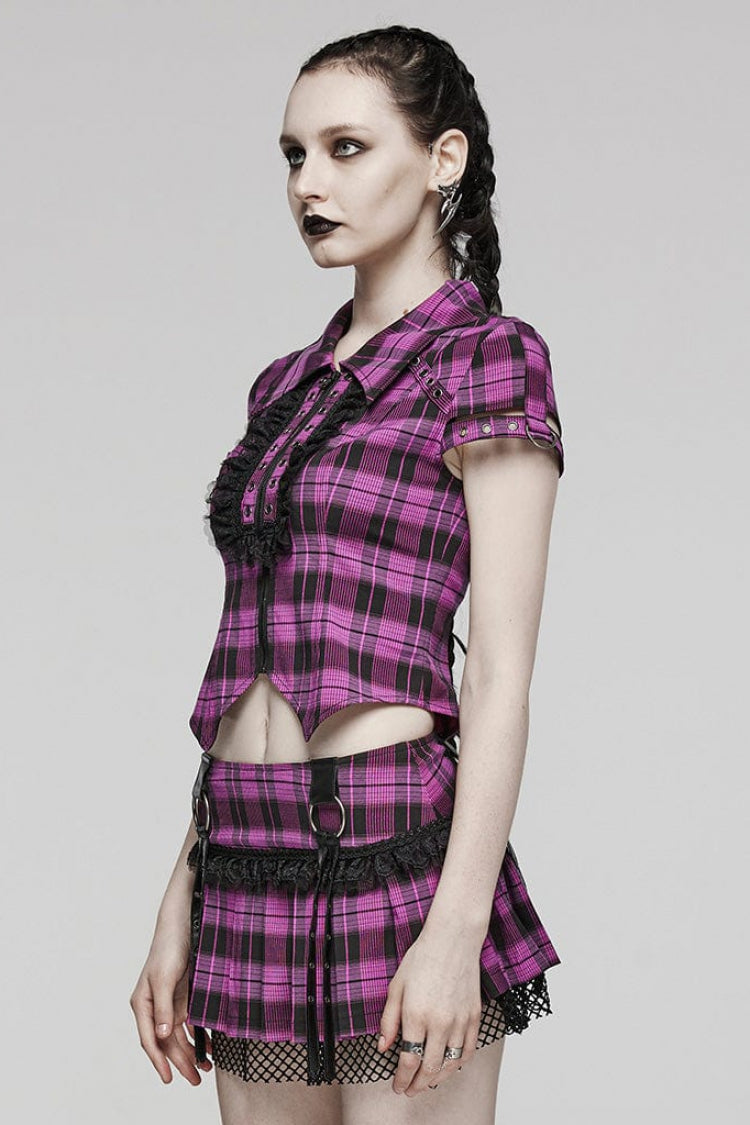 Steampunk Hollow-Lace Plaid Blouse with Short Sleeves in Two Shades - VictorianRose