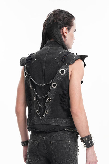 Men's Black Gothic Vest, Sleeveless with Rivets and Chain Rings