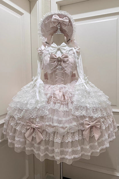 Blush Doll-Style Bow Lace Princess Dress with Layers
