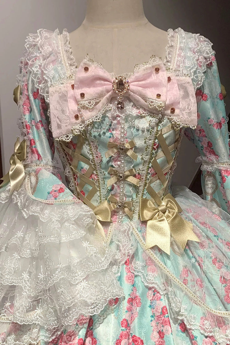 Square Collar Long Trumpet Sleeve Printed Ruffled Bow Lace-Up Sweet Lolita Dress in Mint Green/Pink - Rose Garden Prelude