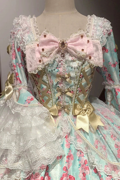 Square Collar Long Trumpet Sleeve Printed Ruffled Bow Lace-Up Sweet Lolita Dress in Mint Green/Pink - Rose Garden Prelude
