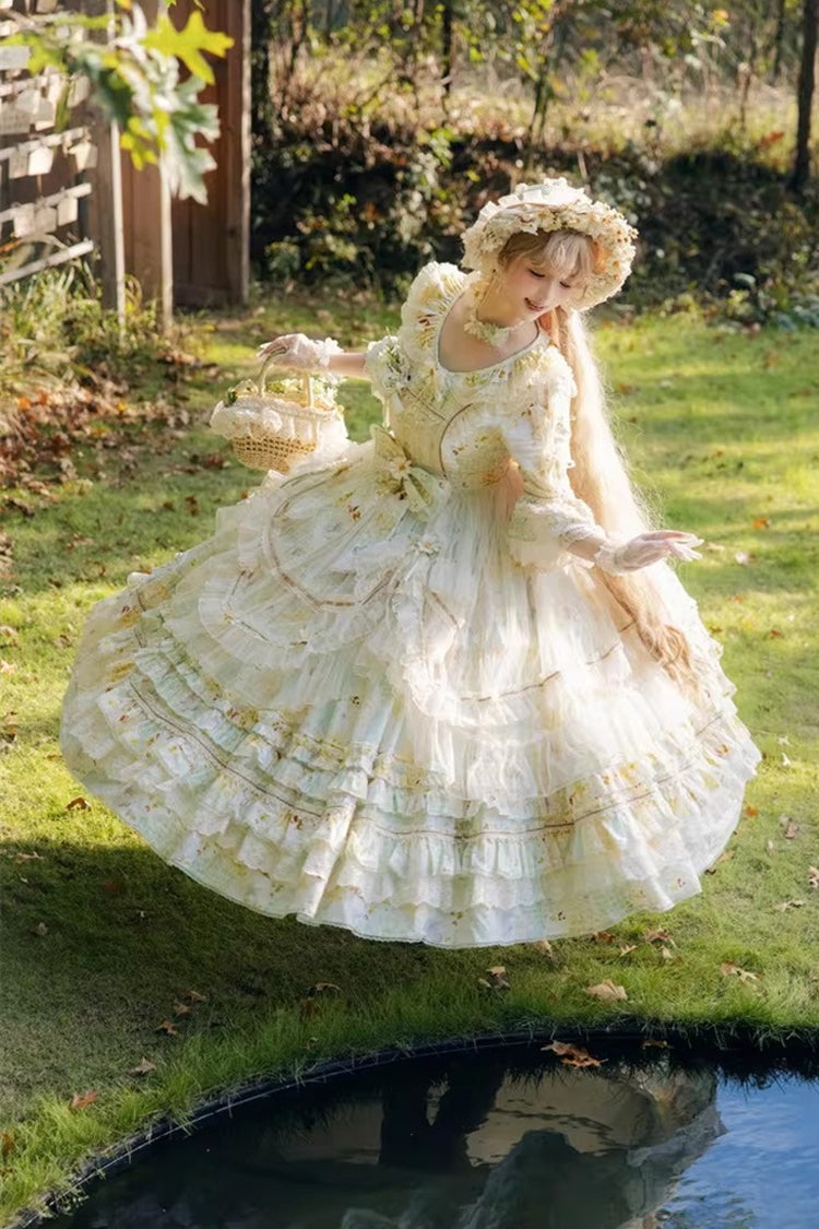 Emerald Daisy Lapel Half-Sleeve Layered Bow Lace Plus-Size Princess Dress