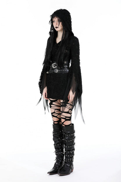 Women's Gothic Hooded Slim Dress with Evil Devil Theme and Flared Sleeves