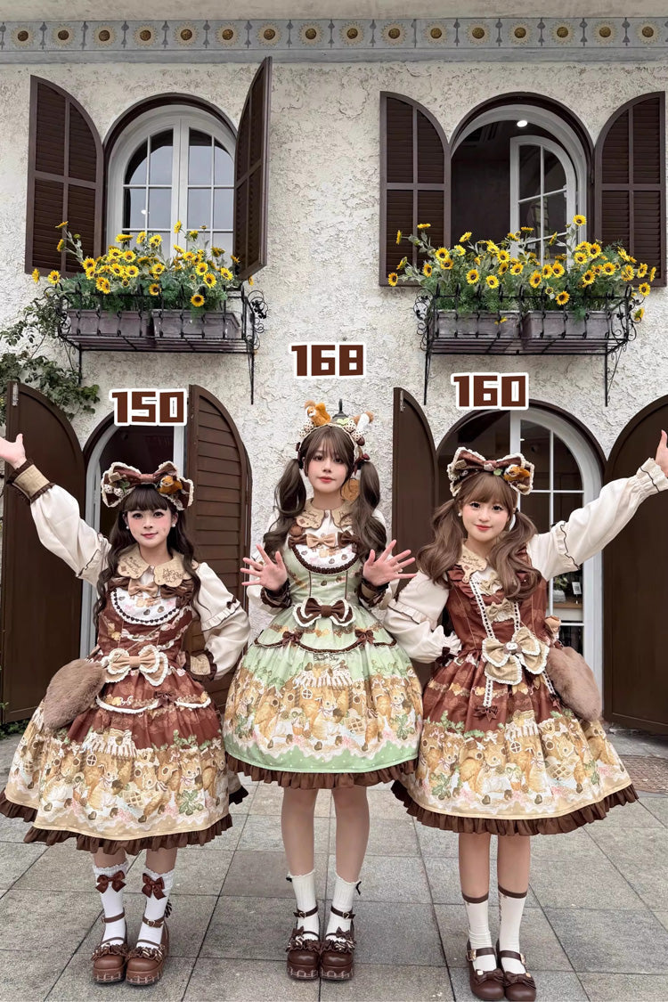 Squirrel Chocolate Shop Doll Collar Sweet Lolita Dress with Bow - Long Sleeves