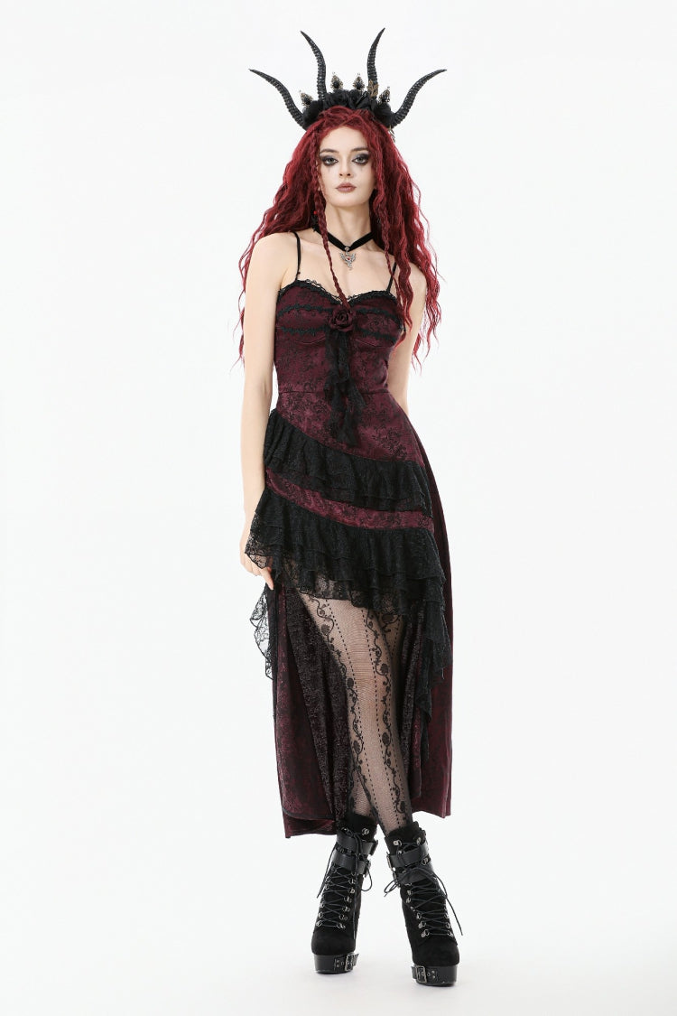 Crimson & Charcoal Rose Layered Tulle Ruffled Goth Evening Gown
