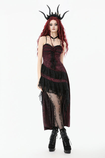 Crimson & Charcoal Rose Layered Tulle Ruffled Goth Evening Gown