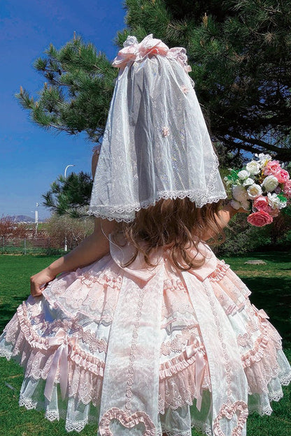 Blush Square Collar Flutter Sleeve Jacquard Ruffle Bow Lace JSK - Heart Bear